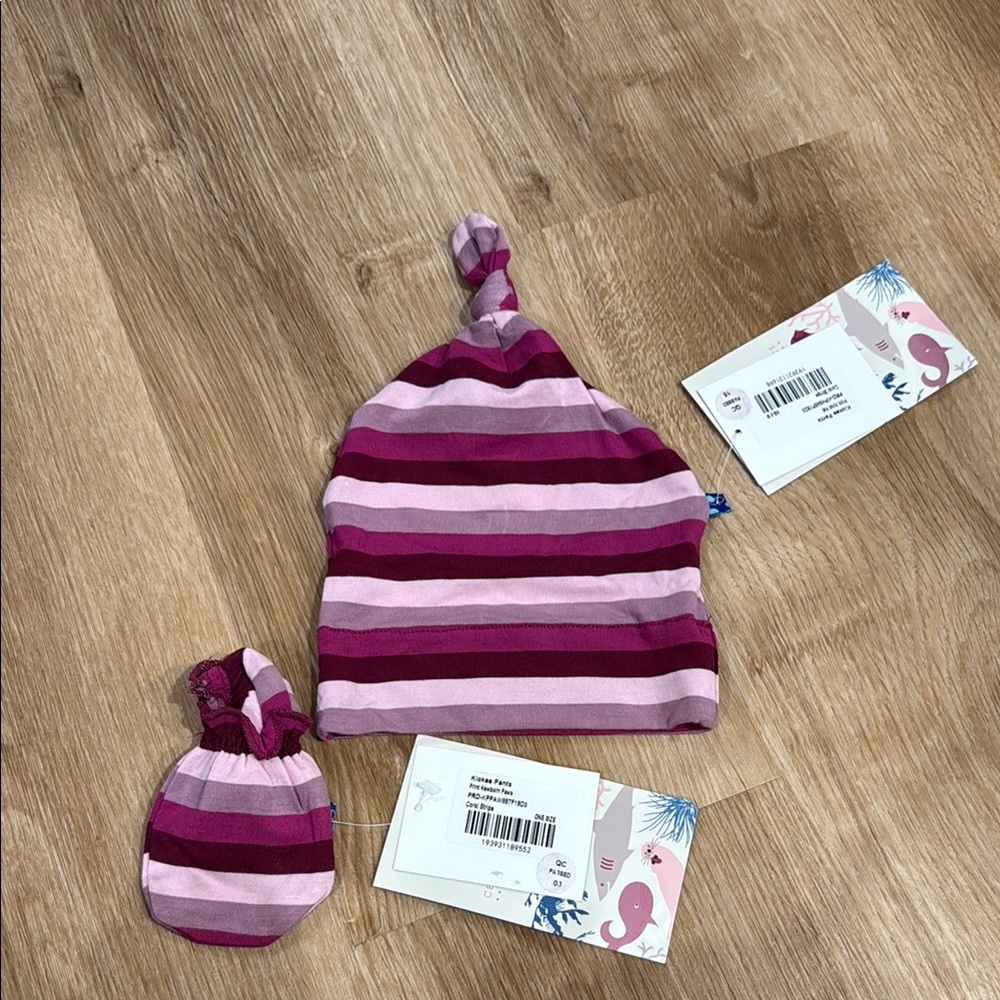 Striped Pink Baby Hat and Mittens Set 73|A3
